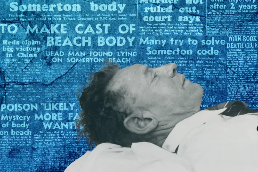 An illustration of the Somerton Man's body in front of newspaper headlines about the case