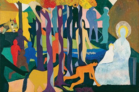 Blue Madonna, oil on canvas, 1961. Many of the artist&rsquo;s works feature religious themes and are painted in the bold colors of the Fauvists and German Expressionists.