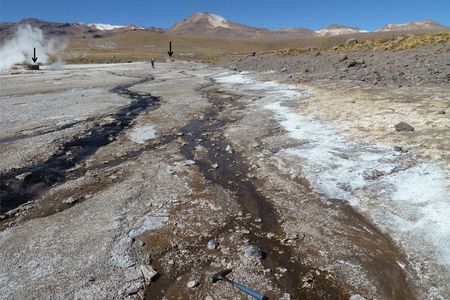 Hot springs (arrows) with discharge channels at El Tatio, Chile, where the intriguing silica structures were found.
