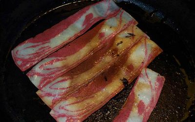 Vegetarian bacon tastes good, the author promises.