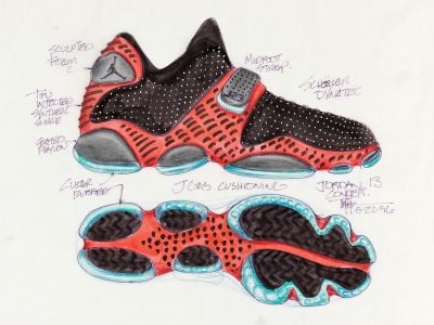 Tinker Hatfield&rsquo;s game-changing design for the Air Jordan XIII in pen and crayon, dated 1996.