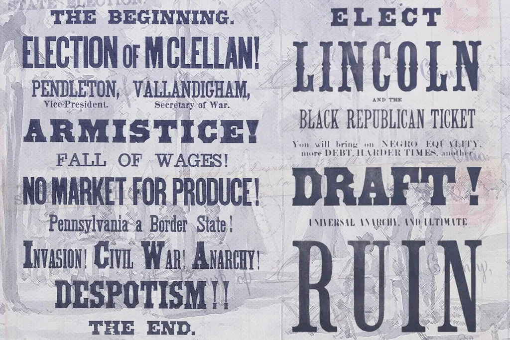 Illustration of campaign posters from 1864 presidential election