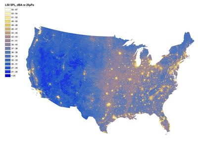 National Park Service map of loud and quiet areas in the United States—yellow areas represent loud areas, while blue represents quiet.