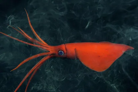 A rarely seen whiplash squid swims more than 3,500 feet below the surface of the Pacific Ocean.