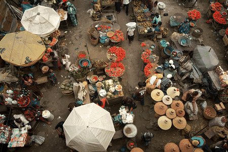 People crowd on road near Balogun Market to shop. Lagos, Nigeria