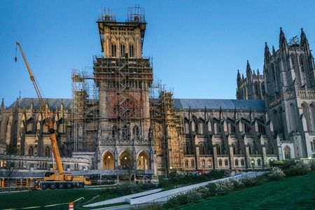 The Washington National Cathedral shrouded in scaffolding post-earthquake.