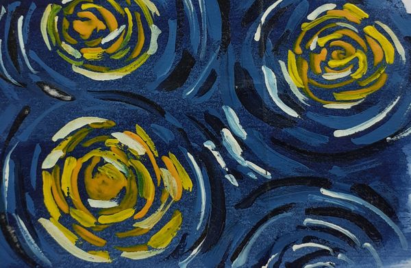 A starry night version inspired by Van Gogh made with acrylic colours on paper by me. thumbnail
