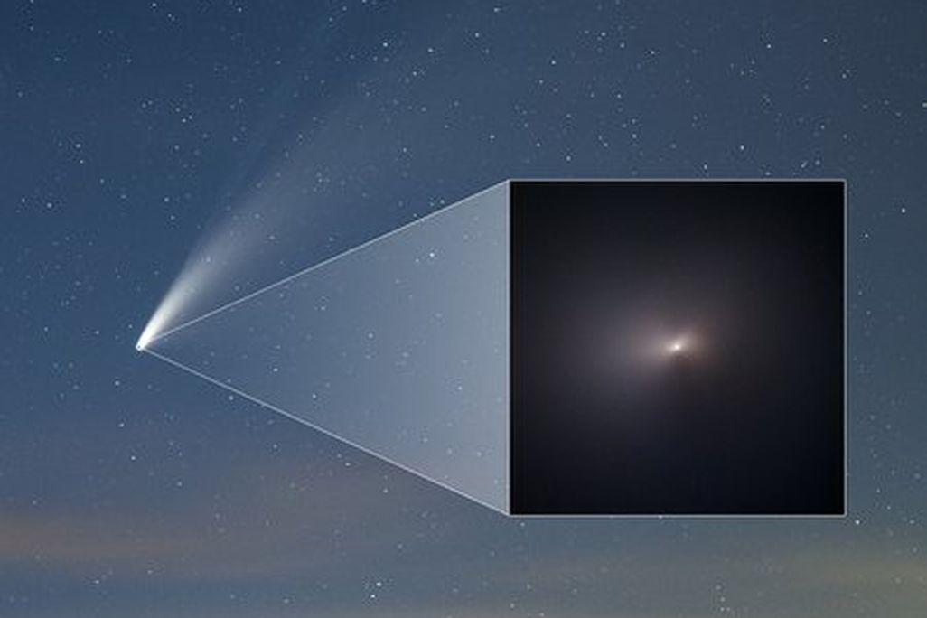 In background, a bright white streak cuts diagonally through a blue sky with hints of orange clouds below; the recent Hubble image, a black square with a cloudy white circular object in its center, is superimposed on the larger image