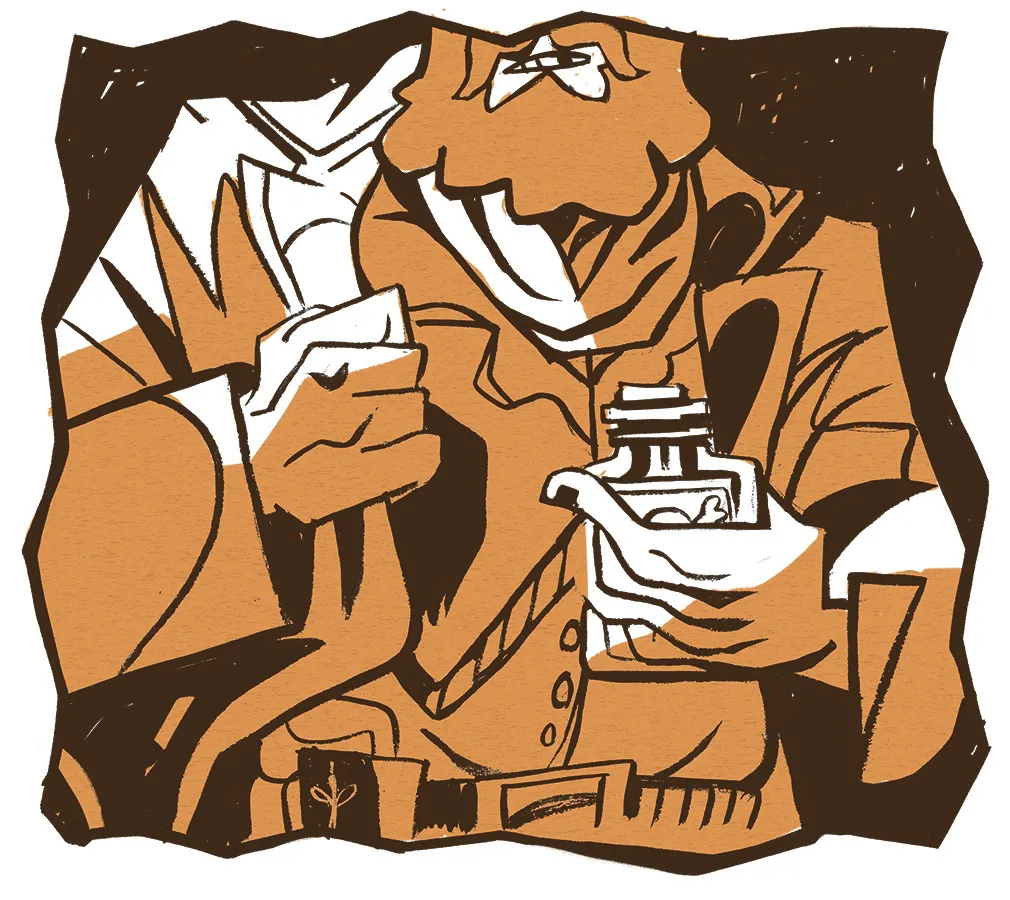 Illustration of Tom Howard holding a bottle of poison