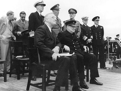 Winston Churchill and FDR aboard the HMS 'Prince of Wales,' Churchill's ship, when the Atlantic Charter was released.