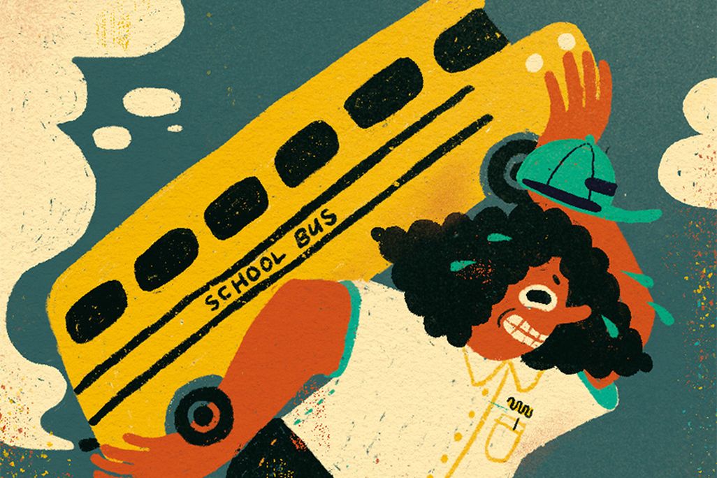 An illustration of a bus driver rescuing a school bus by picking it up.