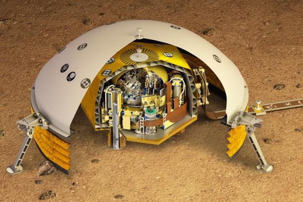 An artist's rendering of Seismic Experiment for Interior Structure instrument, or SEIS, which detects marquakes