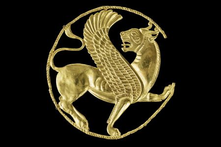 A gold Achaemenid plaque featuring a winged lion-griffin, dated to between 500 and 330 B.C.E.