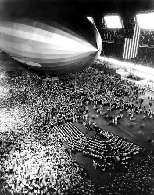 A new Navy airship gets a send-off in 1931.