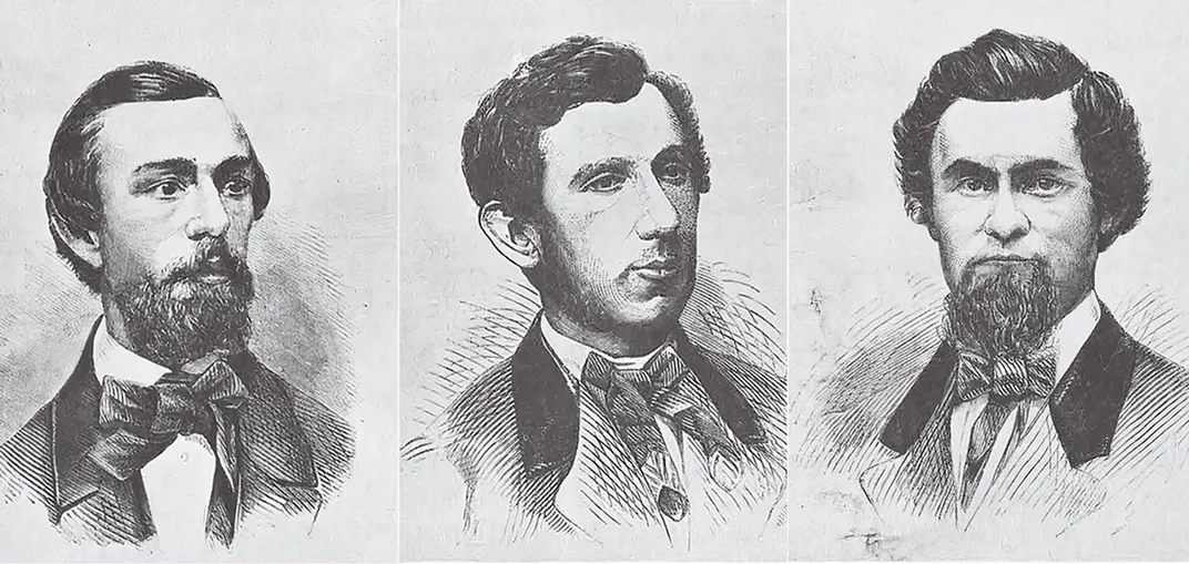 three black and white illustrations of men in suites