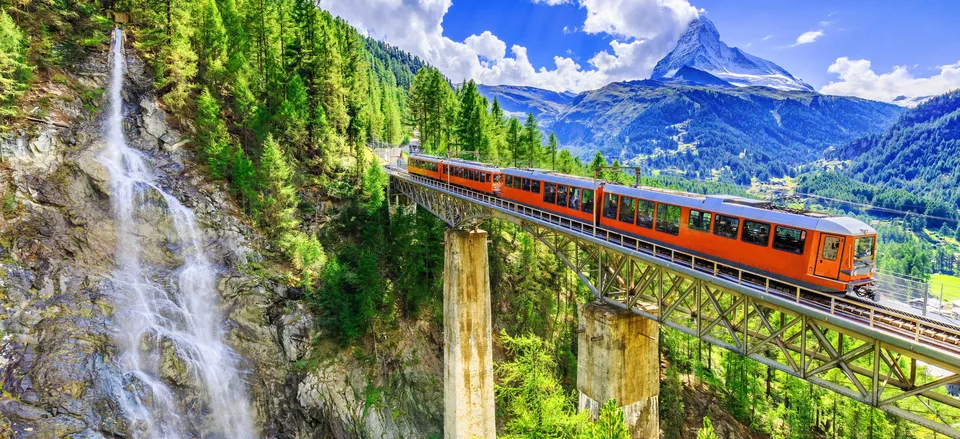 Historic Swiss train with the Matterhorn in the distance 