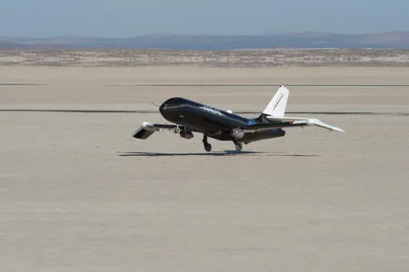 The 200lb Prototype Technology-Evaluation Research Aircraft (PTERA) landing during the first test series. The second set of tests will begin sometime this fall. 