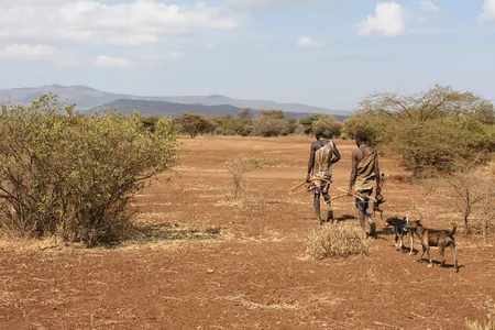 Two Hadza men in Tanzania carry bows and their catch.