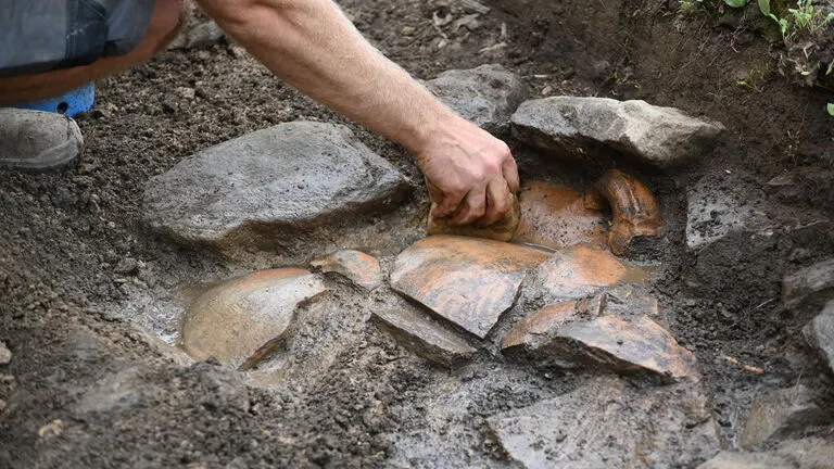 A broken pottery jug embedded in the ground