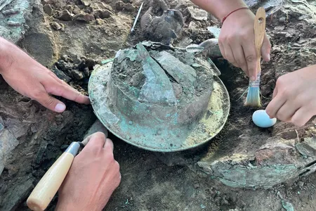 This bronze helmet found near Corinaldo, Italy, belongs to the Piceni civilization.