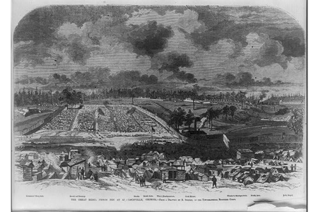 An artist's rendering of "the great rebel prison-pen at Andersonville, Georgia" that was included in a newspaper during Wirz's trial. 