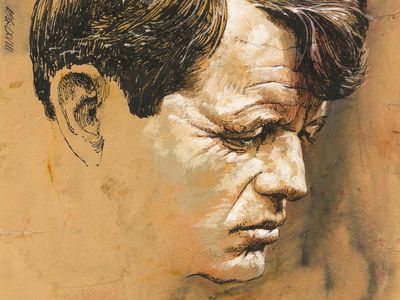 On April 4, 1968, when his campaign plane reached Indianapolis on that night, Robert F. Kennedy (above: in a 1968 portrait by Louis S. Glanzman) learned of Dr. King’s death.
