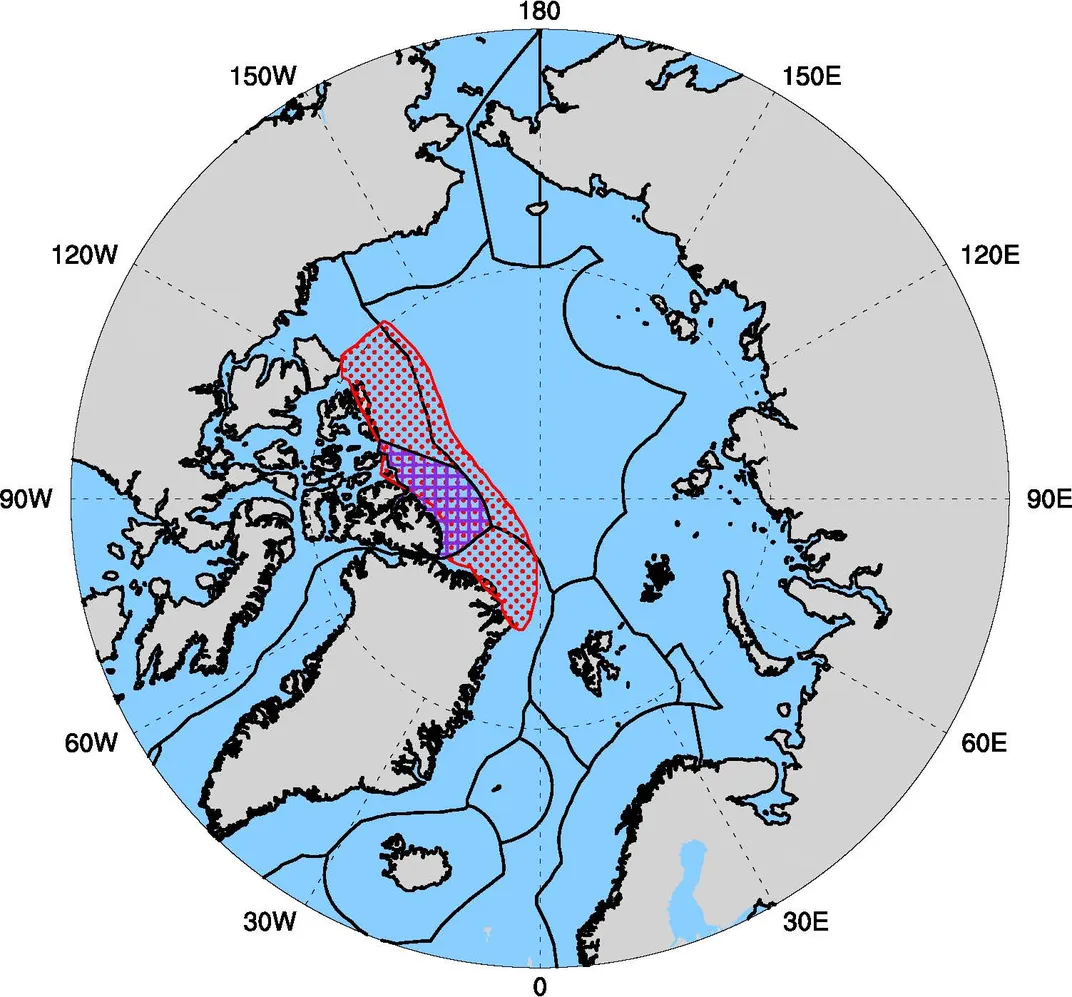 An image of a map showing the Arctic ocean and the area reseachers dub the Last Ice Area.