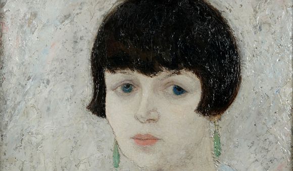 Painted portrait of Cresse Crosby. Her short dark hair stands out against the light background.