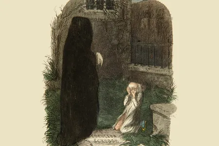 An 1843 illustration for A Christmas Carol&nbsp;by George Leech, in which Ebenezer Scrooge is shown his own tombstone

