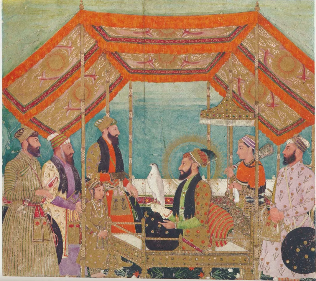 Aurangzeb sits on a golden throne while holding a hawk.