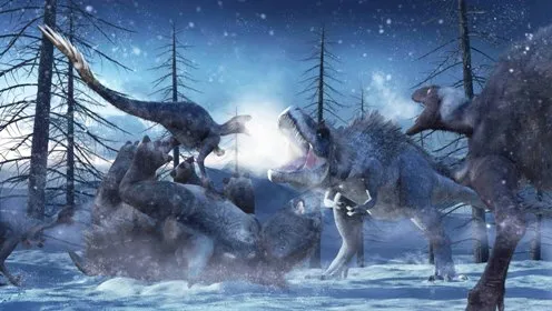 A Gorgosaurus tries to scare a group of Troodon away from a hapless ankylosaur in this promotional image for March of the Dinosaurs.