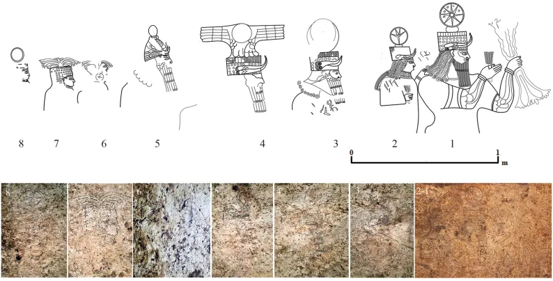 A comparison of a rock art drawing with interpretative illustrations of what the gods may have looked like