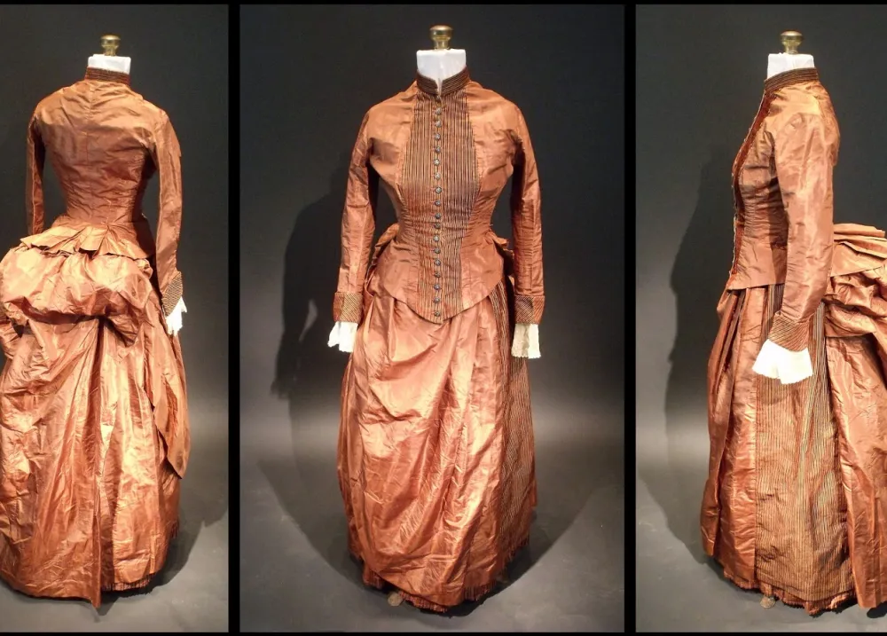 Three views of a bronze-colored silk dress from the 1880s