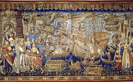 Portuguese King Manuel I (who ruled from 1495-1521), commissioned this Belgian tapestry to commemorate explorer Vasco da Gama's "discovery" of India in 1498. Da Gama is the figure at the left, kneeling before an Indian sultan. In the center, Portuguese sailors load exotic animalsincluding, strangely, a unicorninto their ships, for transport to the Portuguese royal zoo.
