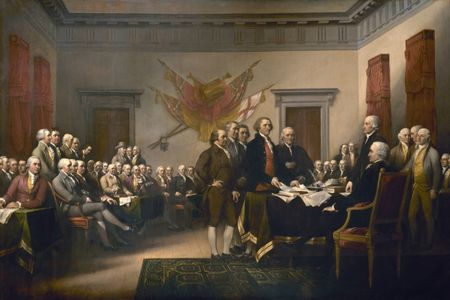 This famous Capitol Hill painting shows the June 28, 1776 moment when the first draft of the Declaration of Independence was brought to the Second Continental Congress. Its painter, John Turnbull, was trying to capture the drama of the moment, but the painting isn't historically accurate.