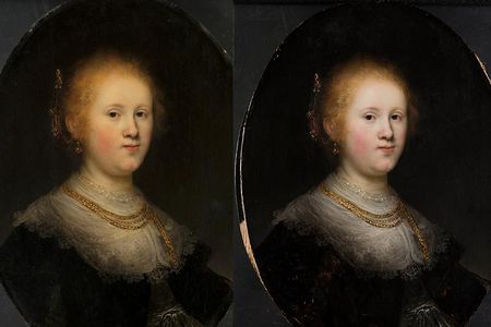 Rembrandt's Portrait of a Woman before (left) and after (right) conservation