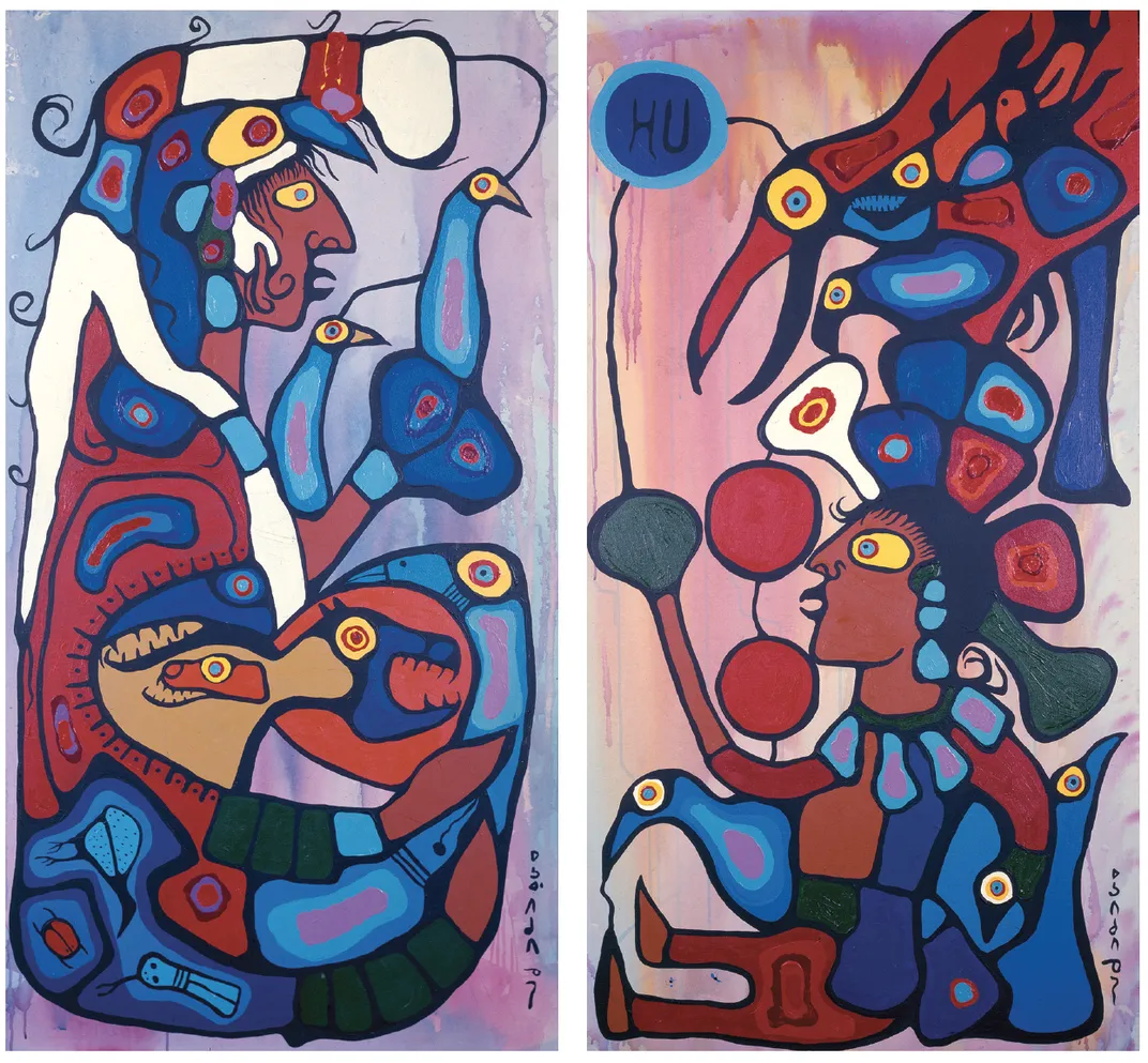 In this 1978 diptych, The Storyteller: The Artist and His Grandfather, Morrisseau depicts his maternal grandfather, left, conveying ancestral stories to the artist, right.