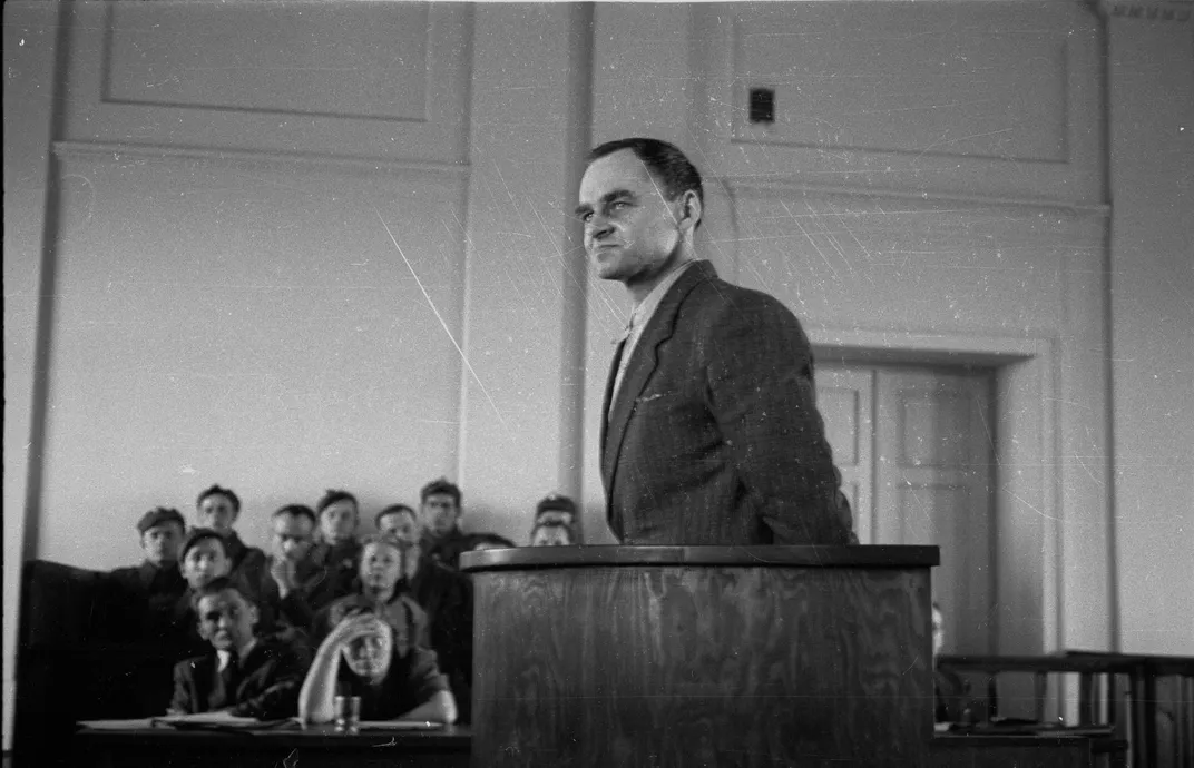 A March 1948 photo of Pilecki testifying in court in Warsaw, Poland