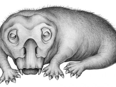 An artist's rendering of the 250-million-year-old animal Lystrosaurus in a hibernation-like state.

