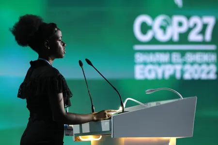 Ugandan youth climate activist Leah Namugerwa speaks during the Sharm El-Sheikh Climate Implementation Summit of the UNFCCC.&nbsp;