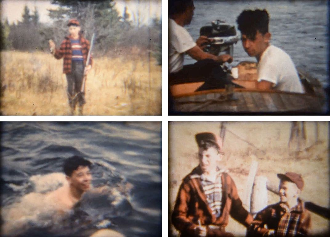 Grid of four old film stills, each showing the same young man: holding up a camera to his eye, smirking, smoking a cigarette, and posing with an older woman.