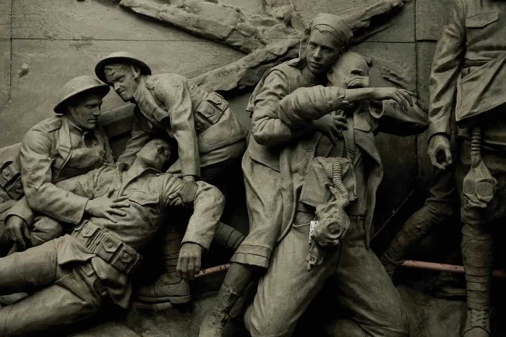 Close-up shot of clay sculpture depicting World War I soldiers