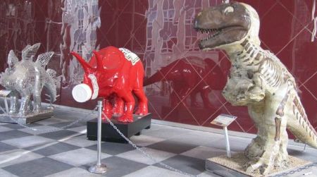 A trio of Pittsburgh dinosaurs - from the left, Philiposaurus, Ketchupsaurus, Mr. Dig