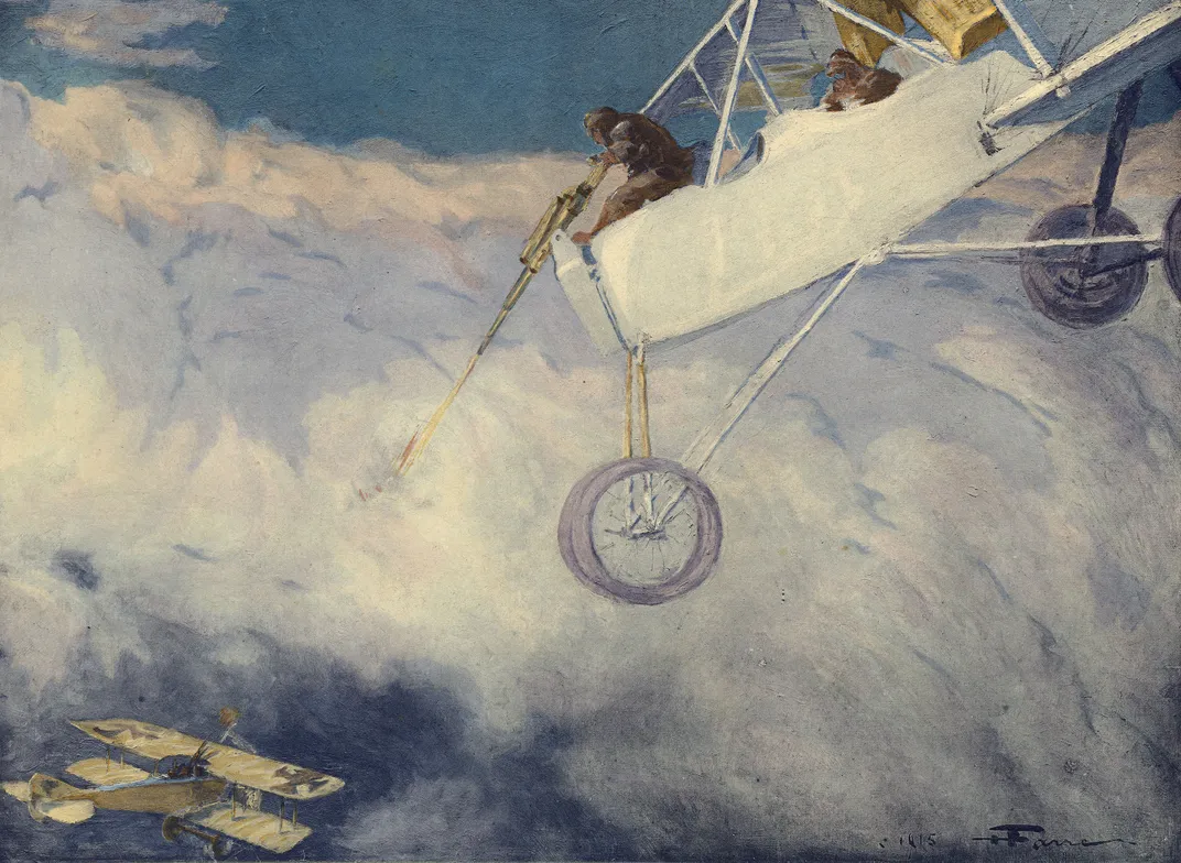 Avion Canon Voisin Combattant un Aviatik, Henri Farré, offset lithograph print, 1915