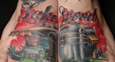 A tattoo of the word Lakewood on Damon Conklins feet
