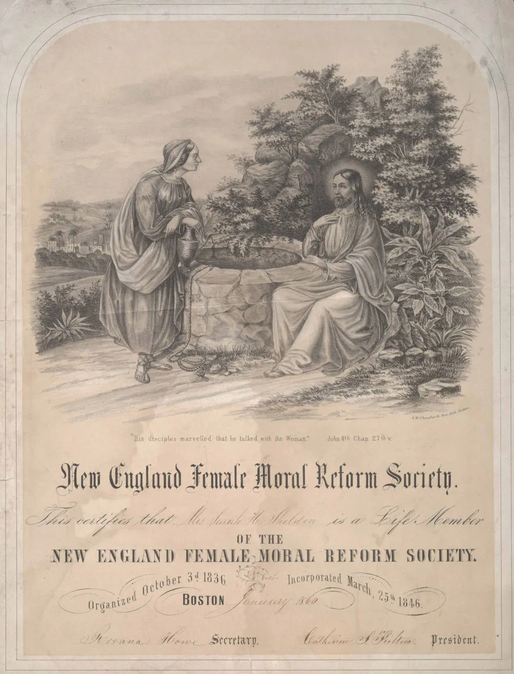 A membership certificate for the New England Female Moral Reform Society, circa 1854 to 1856