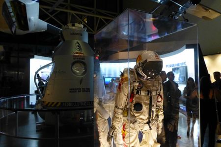 Felix Baumgartner's flight suit and pressured balloon gondola from his record-breaking skydive are on temporary display at the National Air and Space Museum National Mall location, before moving permanently to the Udvar-Hazy Center. 