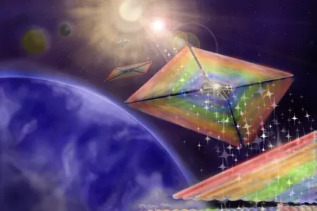 Like a regular sail uses wind to navigate across an ocean, solar sails use the pressure exerted by sunlight to move through space. (Pictured: a conceptual illustration of a diffractive solar sail)