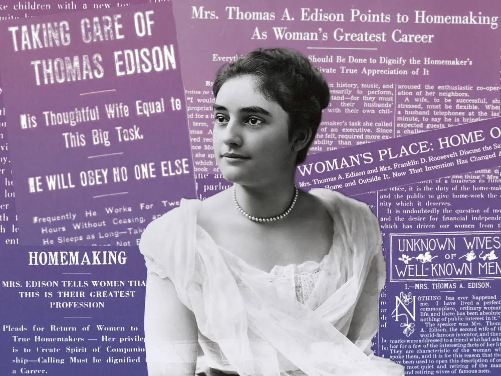 Illustration of Mina Miller Edison in front of newspaper headlines about her activism