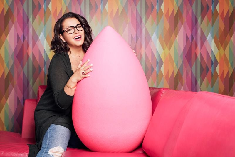 Rea Ann Silva with an oversized version of the Beautyblender sponge (Courtesy of Beautyblender)